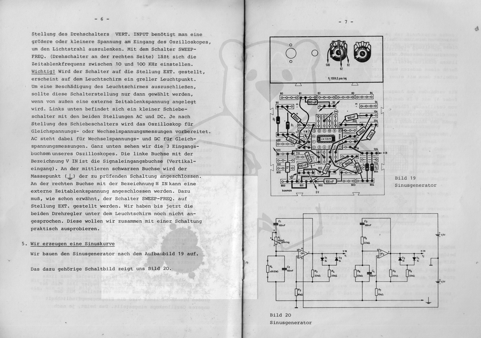 Kosmos Elektronik Oszilloskop mit Funktionsgenerator Bausatz, Experimentieranleitung Seite 6,7